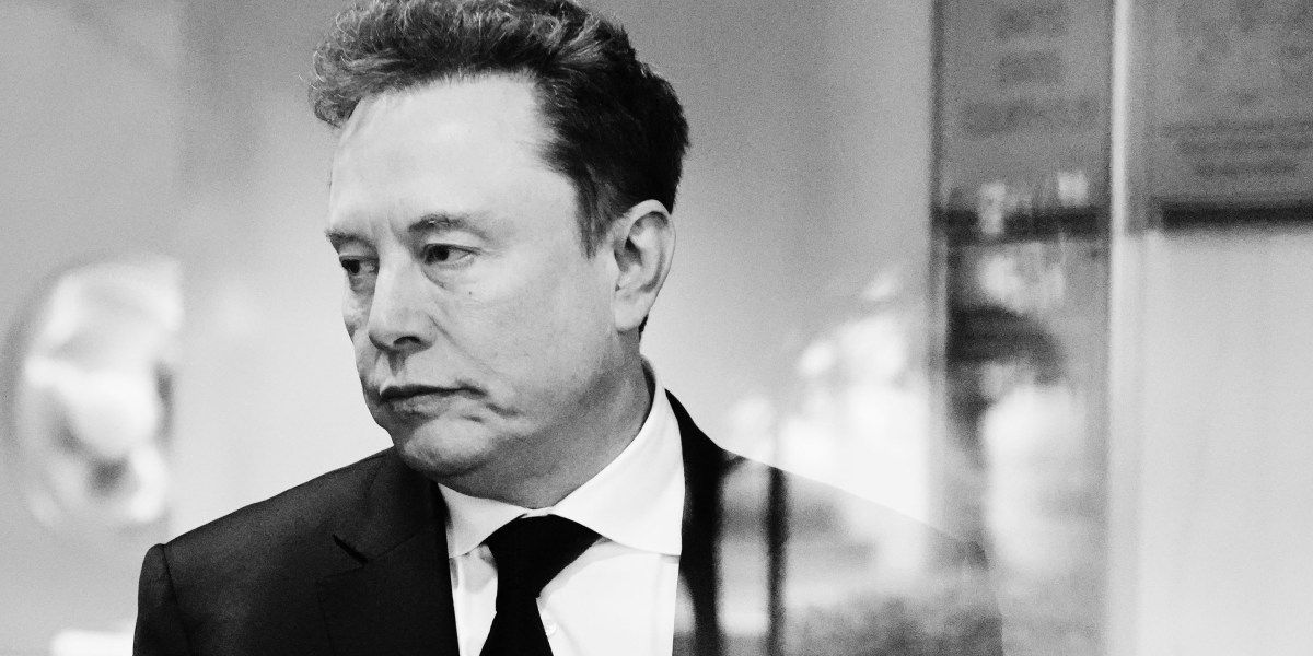 Elon Musk testifying in a courtroom, looking serious, with lawyers and press in the background.