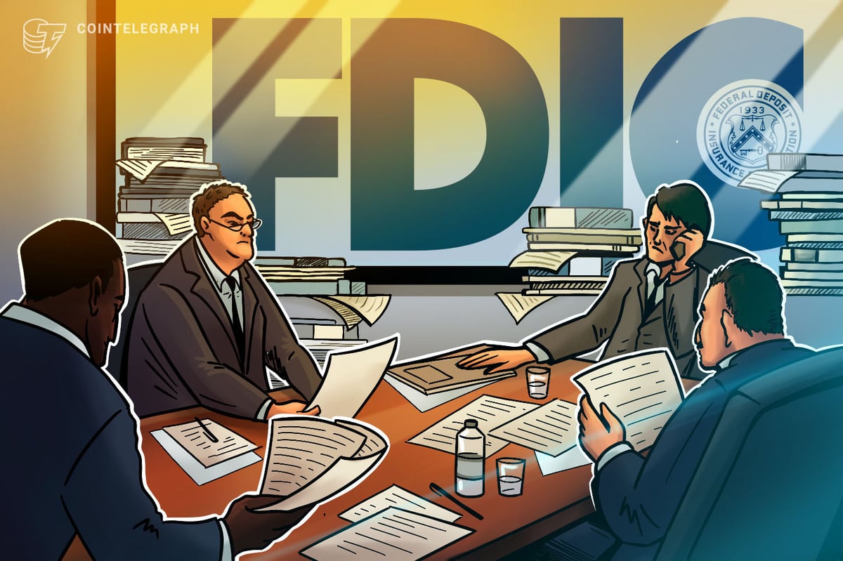 FDIC logo overlaid on stablecoin icons with regulatory chains